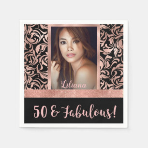 Fifty and Fabulous rose gold damask 50th Birthday Napkin