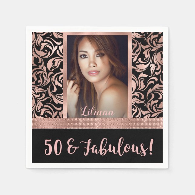 Fifty and Fabulous rose gold damask 50th Birthday Napkin (Front)