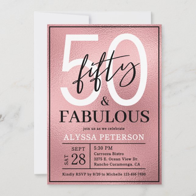 Fifty and Fabulous Rose Gold Script 50th Birthday Invitation (Front)