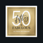 Fifty and Fabulous Script 50th Birthday Napkin<br><div class="desc">These 50 & Fabulous gold foil,  black and white 50th birthday party cocktail napkins are perfect for your loved one who's turning fifty!  The fonts are trendy yet classic,  feminine and flowy.  They'll be fabulous on your bar,  counters and tables!</div>