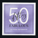 Fifty and Fabulous Script 50th Birthday Napkin<br><div class="desc">These 50 & Fabulous purple foil,  black and white 50th birthday party dinner napkins are perfect for your loved one who's turning fifty!  The fonts are trendy yet classic,  feminine and flowy.  They'll be fabulous on your bar,  counters and tables!</div>