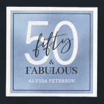 Fifty and Fabulous Script 50th Birthday Napkin<br><div class="desc">These 50 & Fabulous dusty blue foil,  black and white 50th birthday party dinner napkins are perfect for your loved one who's turning fifty!  The fonts are trendy yet classic,  feminine and flowy.  They'll be fabulous on your bar,  counters and tables!</div>