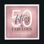 Fifty and Fabulous Script 50th Birthday Napkin<br><div class="desc">These 50 & Fabulous rose gold foil,  black and white 50th birthday party luncheon napkins are perfect for your loved one who's turning fifty!  The fonts are trendy yet classic,  feminine and flowy.  They'll be fabulous on your bar,  counters and tables!</div>