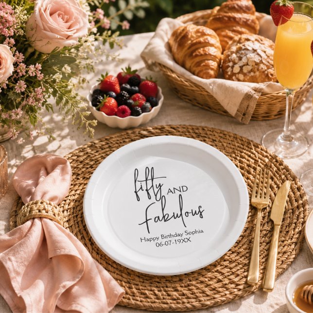 Fifty and Fabulous Script 50th Birthday Party  Paper Plate (Elegant Garden Brunch Setup plate 50th birthday paper napkins fifty and fabulous elegant script )