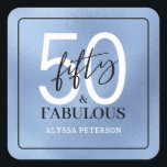 Fifty and Fabulous Script 50th Birthday Square Sticker<br><div class="desc">These 50 & Fabulous dusty blue foil,  black and white 50th birthday square stickers are perfect for the favors at your loved one's fiftieth birthday party!  The fonts are trendy yet classic.  They'll be fabulous on your favors!</div>