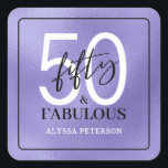 Fifty and Fabulous Script 50th Birthday Square Sticker<br><div class="desc">These 50 & Fabulous purple foil,  black and white 50th birthday square stickers are perfect for the favors at your loved one's fiftieth birthday party!  The fonts are trendy yet classic.  They'll be fabulous on your favors!</div>