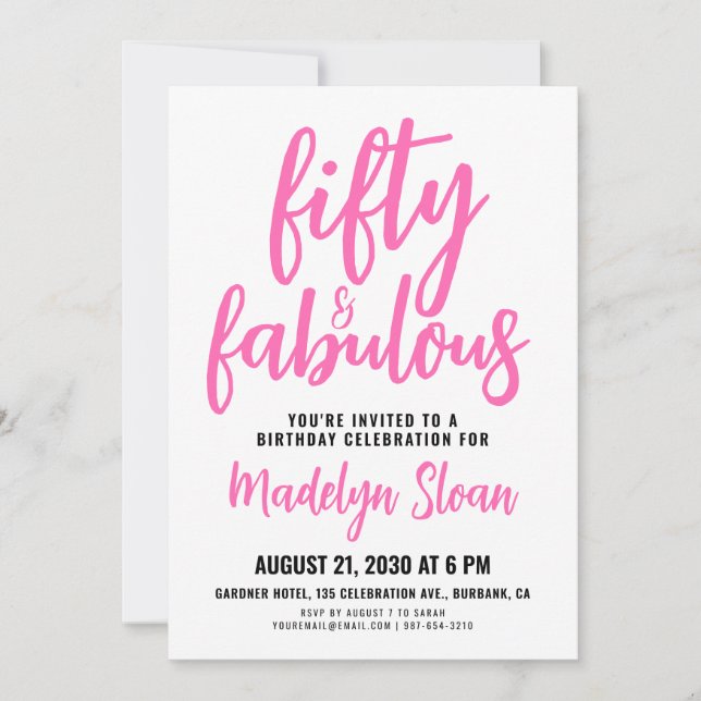 Fifty and Fabulous Script Pink 50th Birthday Party Invitation (Front)