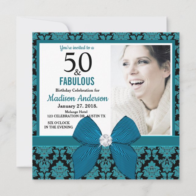 Fifty and Fabulous teal black damask 50th Birthday Invitation (Front)