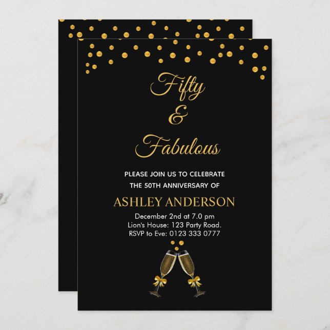 Fifty and Fabulous with golden confetti on black Invitation (Front/Back)