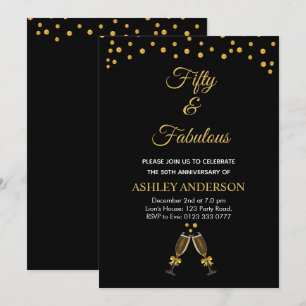 Fifty and Fabulous with golden confetti on black Invitation