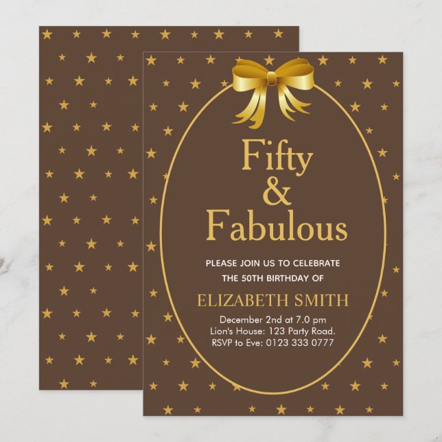 Fifty and Fabulous with golden stars on brown Invitation (Front/Back)