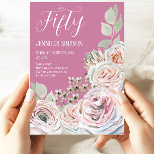Fifty Birthday pink watercolor floral white text Invitation