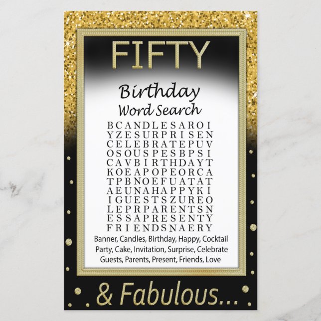 Fifty Birthday Word Search Game (Front)
