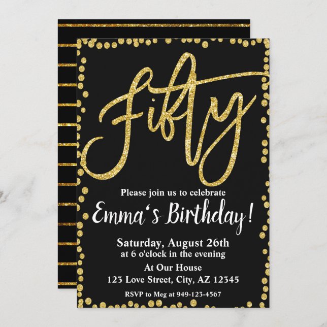 Fifty black and gold glitter 50th Birthday Invitation (Front/Back)