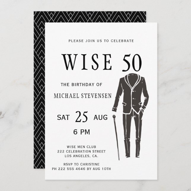 Fifty black and white formal man birthday party invitation (Front/Back)