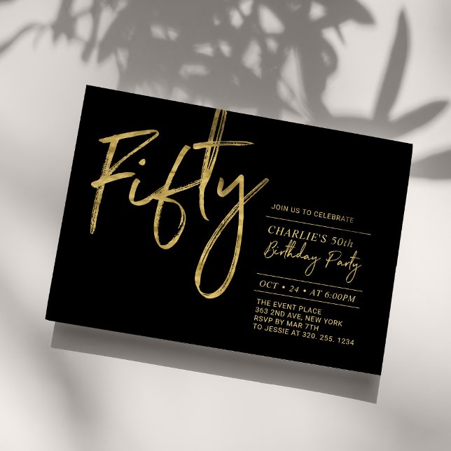 Fifty | Black & Gold Modern 50th Birthday Party Invitation (Creator Uploaded)
