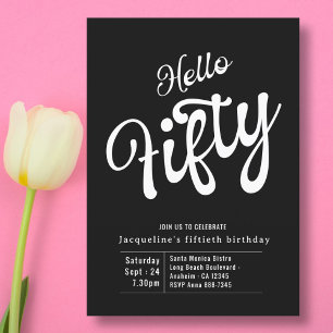 Fifty Black White Modern 50th Birthday Invitation