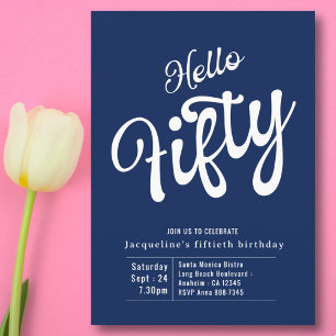 Fifty Blue White Modern 50th Birthday Invitation