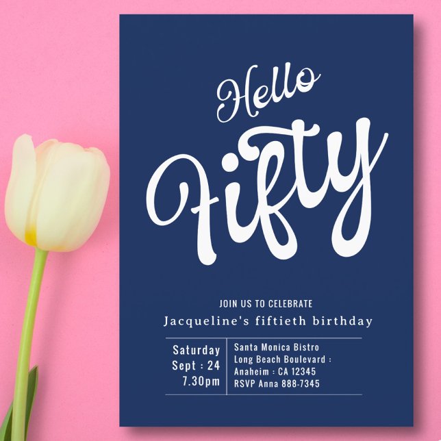 Fifty Blue White Modern 50th Birthday Invitation (Creator Uploaded)