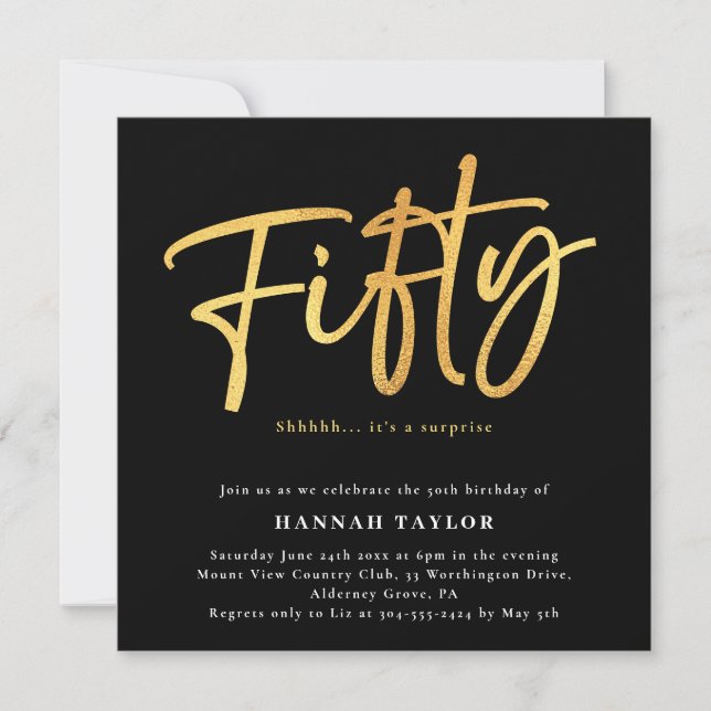 Fifty Classic Chic Black Gold 50th Birthday Invitation (Front)