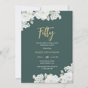 Fifty Emerald Green & Gold White Floral Birthday Invitation
