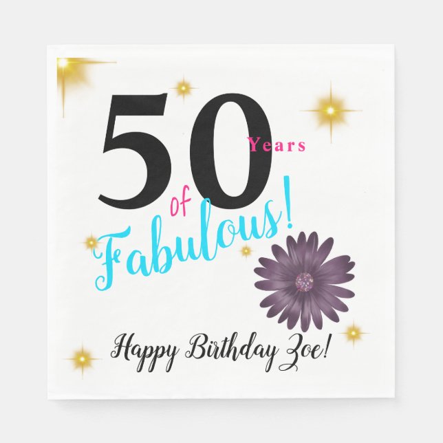 Fifty & Fab elegant purple daisy & gold stars Napkin (Front)