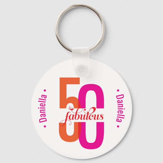 Fifty & Fabulous 50th Birthday Colourful Name Keychain (Front)