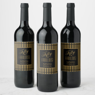 Fifty & FABULOUS! 50th Birthday Elegant Black Gold Wine Label