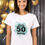 Fifty Fabulous 50th Birthday T-Shirt<br><div class="desc">A blend of cute script and modern boldness with this simple "50 And Fabulous" shirt design! Featuring a classic black and white colouring with a splash of colour from the teal blue (or light turquoise) watercolor background. Customize to the name, and if you need to, you can also change the...</div>