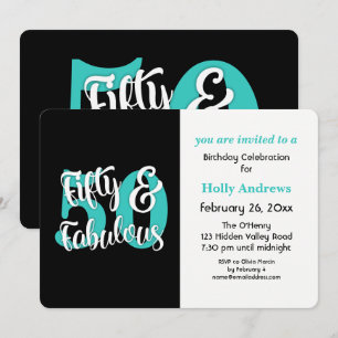 Fifty & Fabulous Aqua Typography Birthday Party Invitation