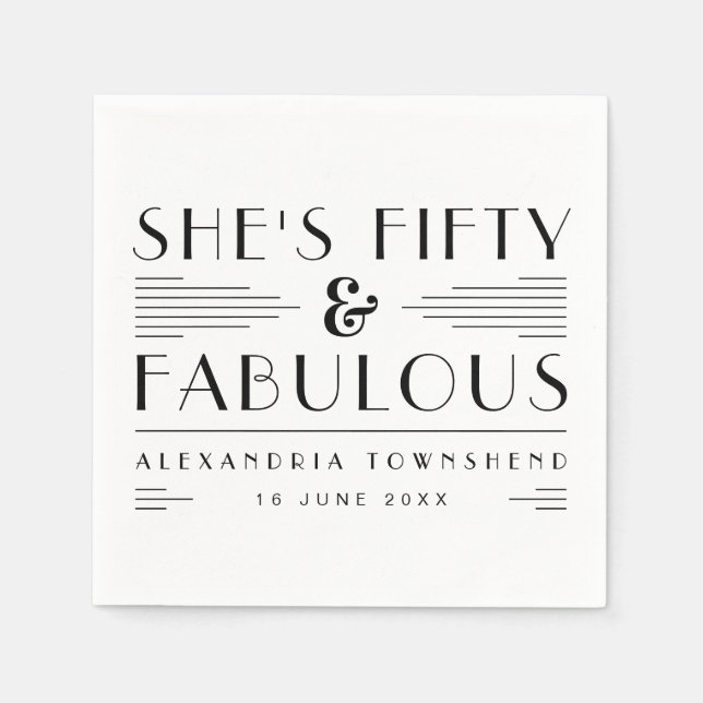 Fifty & Fabulous Art Deco Name Date 50th Birthday Napkin (Front)
