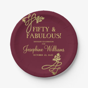 Fifty & Fabulous Birthday Red Gold Paper Plate
