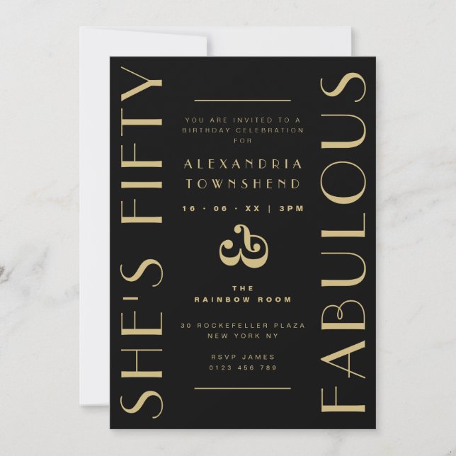 Fifty & Fabulous Black Art Deco 50th Birthday Invitation (Front)