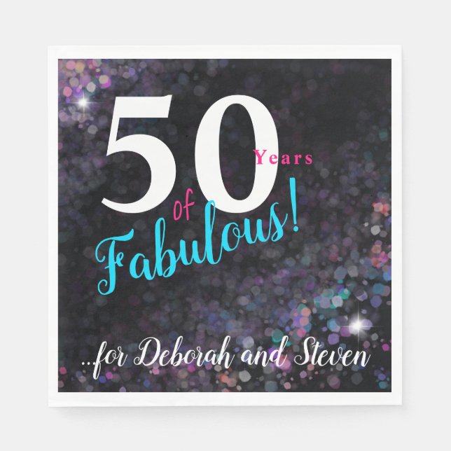 Fifty & Fabulous, black glitter background Napkin (Front)