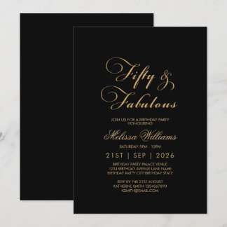 Fifty & Fabulous Black Gold Elegant Birthday Invitation