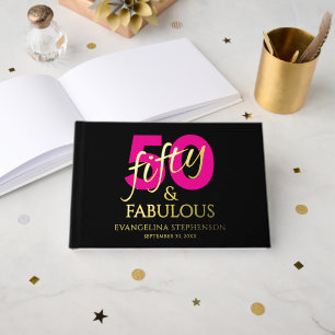 Fifty Fabulous Black Hot Pink Gold Birthday Photo Guest Book