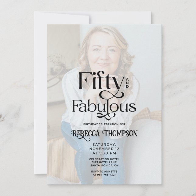 Fifty Fabulous Black White Photo 50th Birthday Invitation (Front)