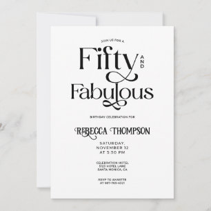 Fifty Fabulous Black White Script 50th Birthday Invitation