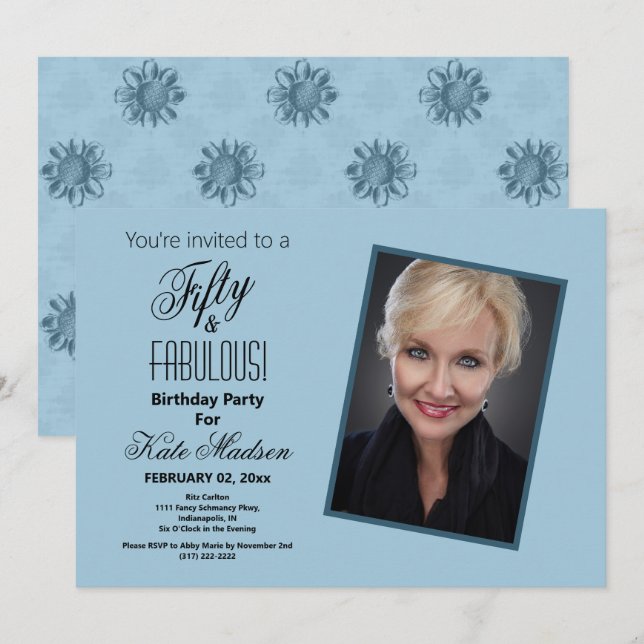 Fifty & FABULOUS Blue Floral Photo Birthday Party Invitation (Front/Back)