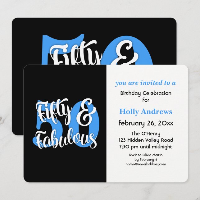 Fifty & Fabulous Blue Typography Birthday Party Invitation (Front/Back)