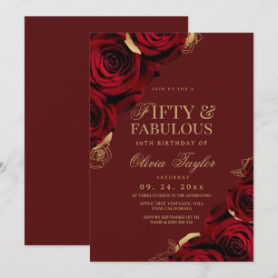 Fifty & Fabulous Burgundy Roses 50th Birthday Invitation