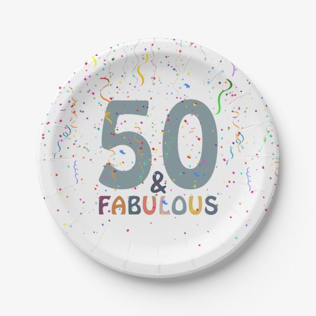 Fifty & Fabulous Fun Confetti Blue Typography Paper Plate (Front)