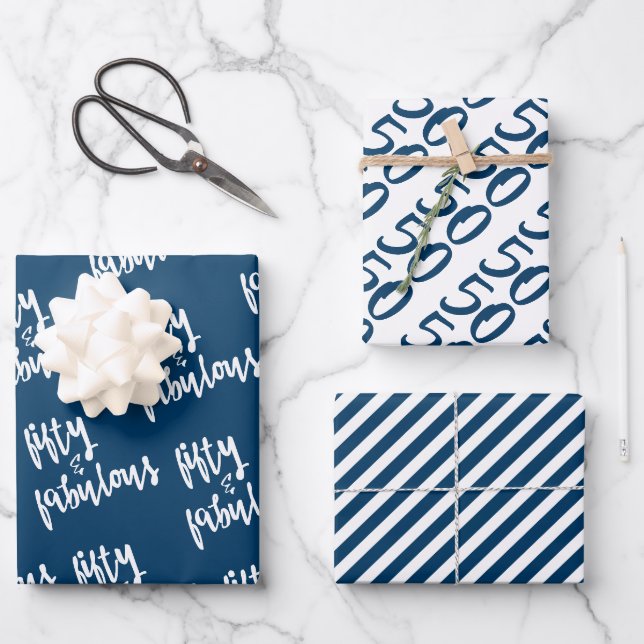 Fifty & Fabulous - Fun Navy Blue 50th Birthday  Wrapping Paper Sheet (Front)