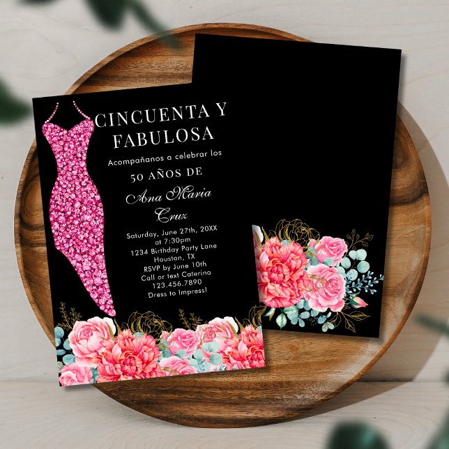 Fifty & Fabulous Glam Black Spanish 50th Birthday Invitation (Creator Uploaded)
