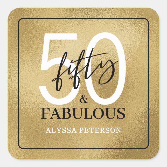 Fifty & Fabulous Gold Script 50th Birthday Square Sticker (Front)