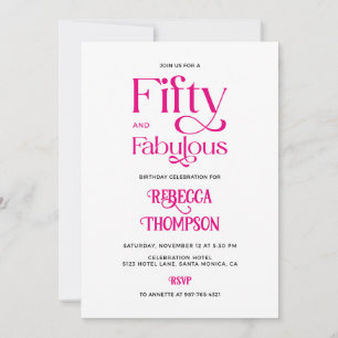 Fifty Fabulous Hot Pink Script 50th Birthday Invitation