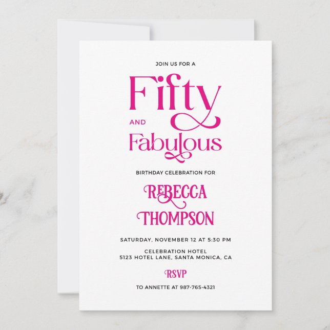 Fifty Fabulous Hot Pink Script 50th Birthday Invitation (Front)