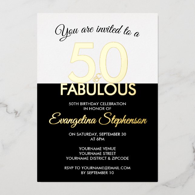 Fifty Fabulous Modern Black Gold 50th Birthday  (Front)