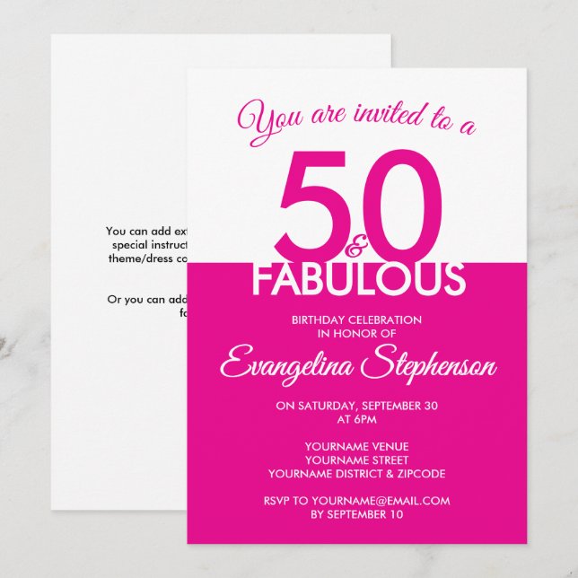 Fifty Fabulous Modern Pink White 50th Birthday  Invitation (Front/Back)