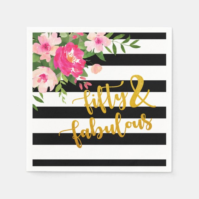 Fifty & Fabulous Napkin - Black/White Stripes (Front)